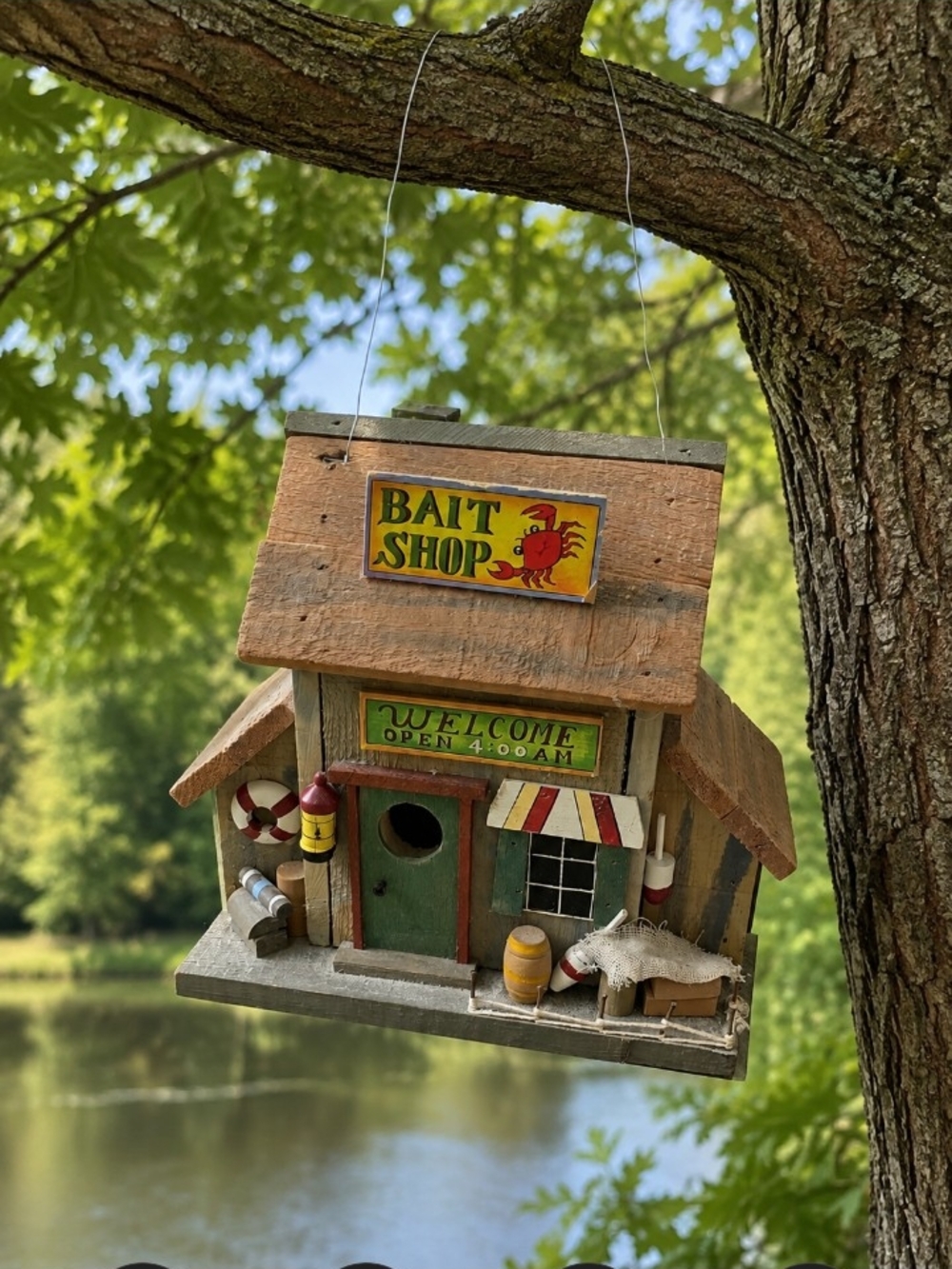Handcrafted Bait Shop Bird Feeder - Double Sided Natural Wood and Design